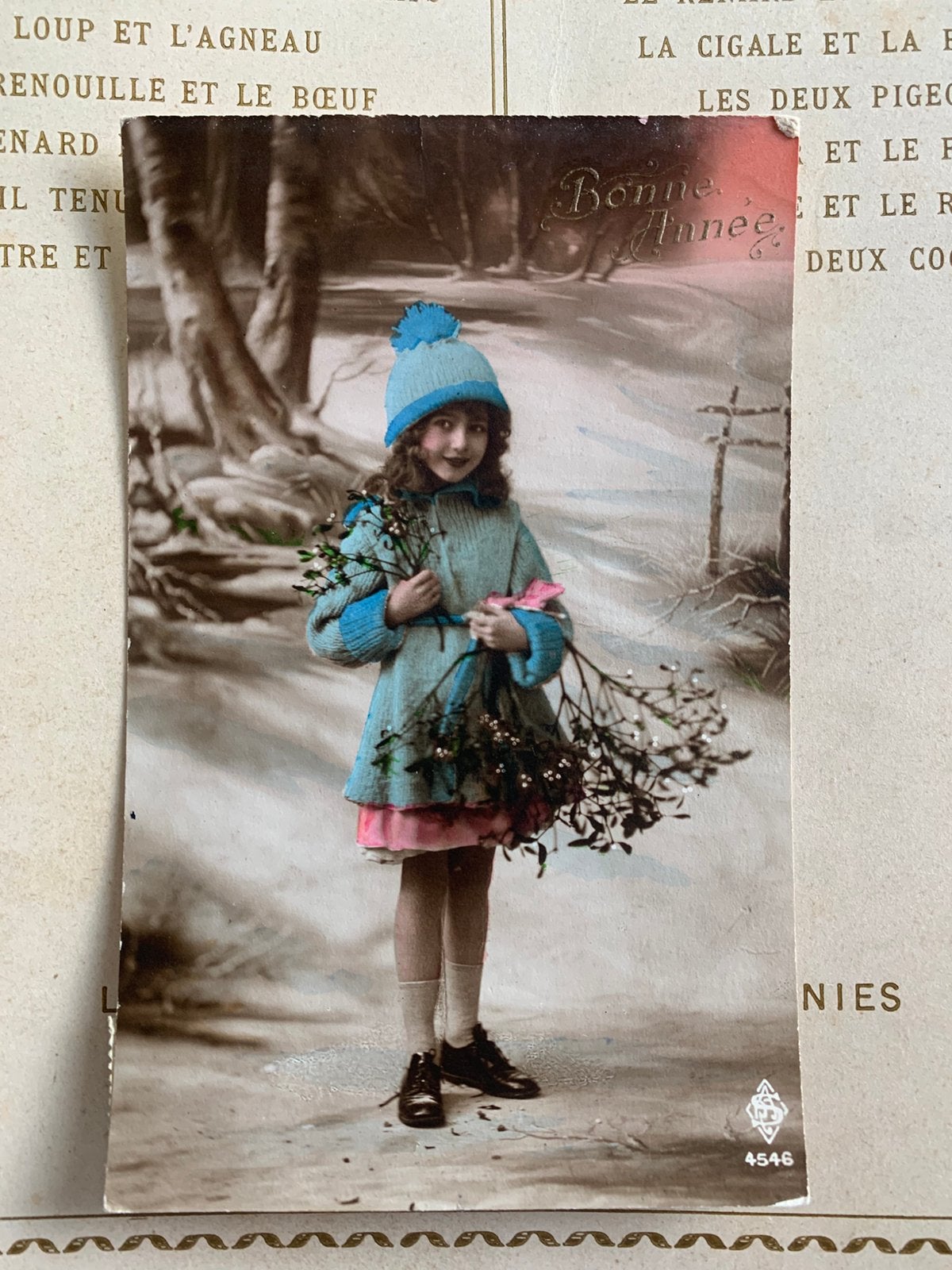 Bonne Année - meisje in blauwe jas met mistletoe, Ophalen of Verzenden, Voor 1920, Gelopen, Feest(dag)