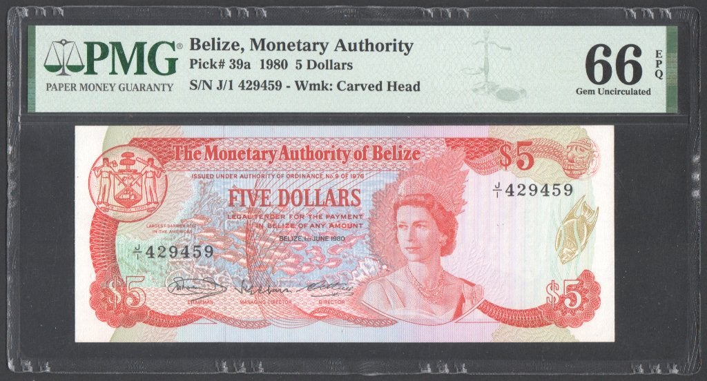 Belize 5 Dollars 1980  PMG Graded 66, Verzenden, Midden-Amerika, Los biljet