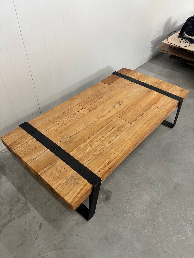 Massief houten salontafel – industriële stijl, 100 tot 150 cm, 50 tot 100 cm, Zo goed als nieuw, Industrieel