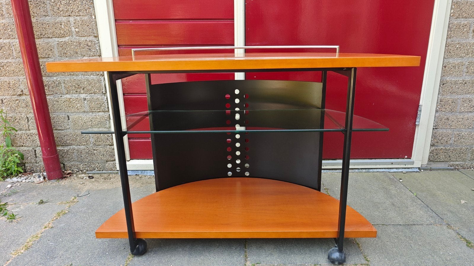 verrijdbare tv-meubel met glasplaat, Ophalen, Gebruikt, 50 tot 100 cm, Glas