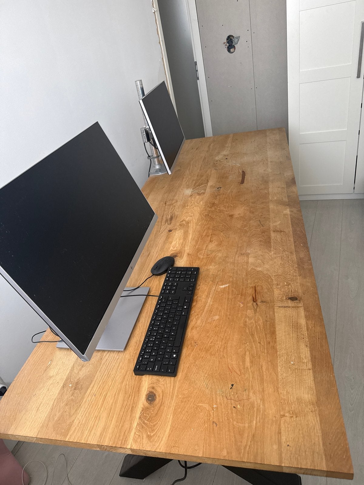 Eikenhouten Bureau 220x80 cm met Zwarte Stalen Poten, Ophalen, Gebruikt, Hout, Industrieel