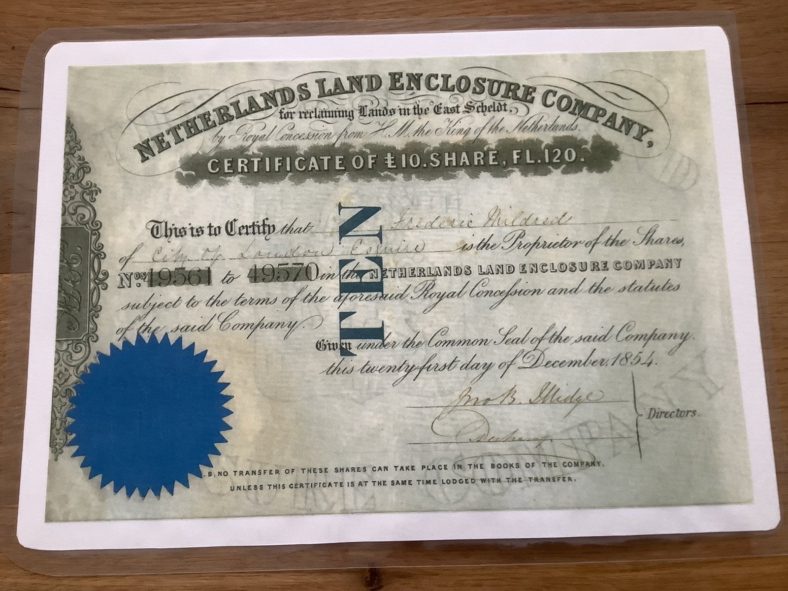 Oud aandeel Netherlands Land Enclosure Company, Ophalen of Verzenden, Voor 1920, Aandeel