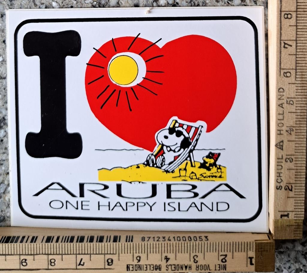 Vintage sticker I️ ️ Aruba I love Aruba Snoopy strip, Ophalen of Verzenden, Zo goed als nieuw, Overige typen