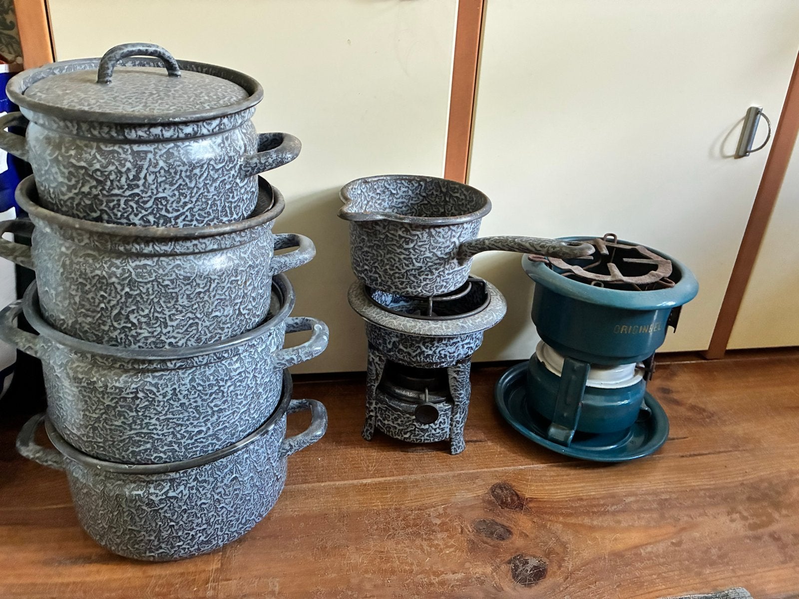 Vintage emaille pannen set + brander. handig bij noodpakket, Ophalen of Verzenden