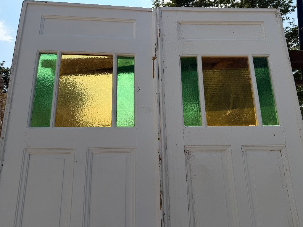Set schuif / en-suite deuren met groen / geel glas 249x176cm, Antiek en Kunst, Ophalen