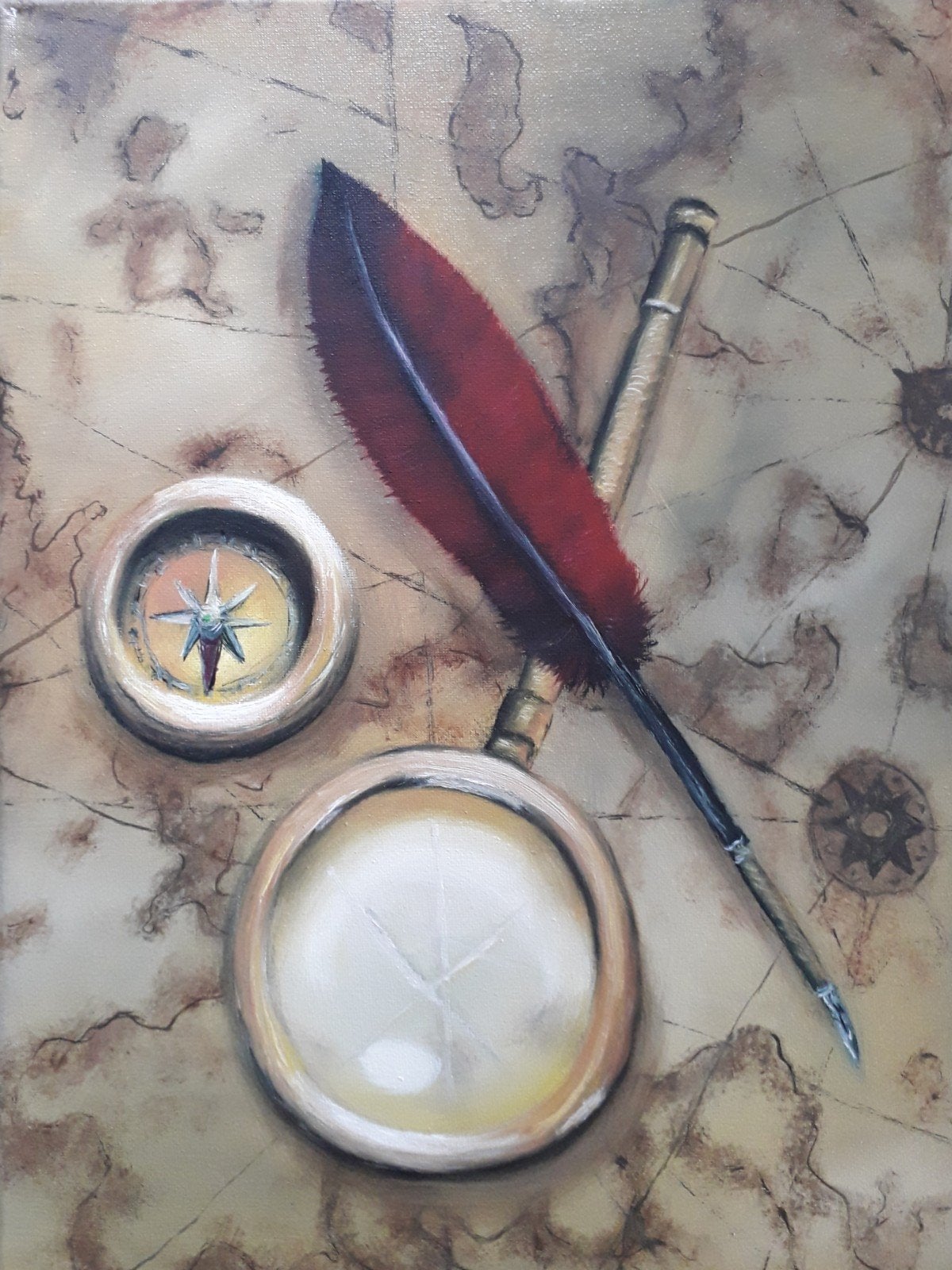 Olieverfschilderij: Kompas, veer en loep op kaart, Antiek en Kunst, Doek, Realistisch, Stilleven, Ophalen of Verzenden