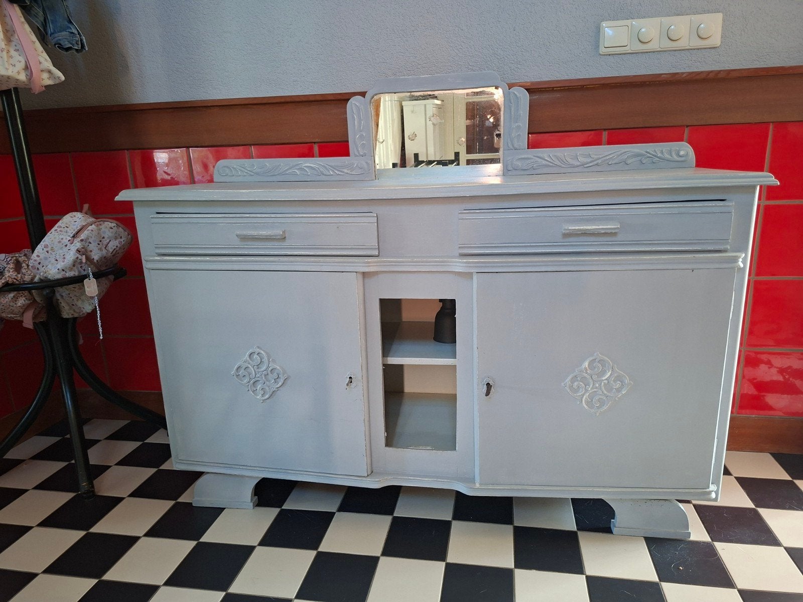 Vintage dressoir met spiegel - Grijs geverfd, Ophalen