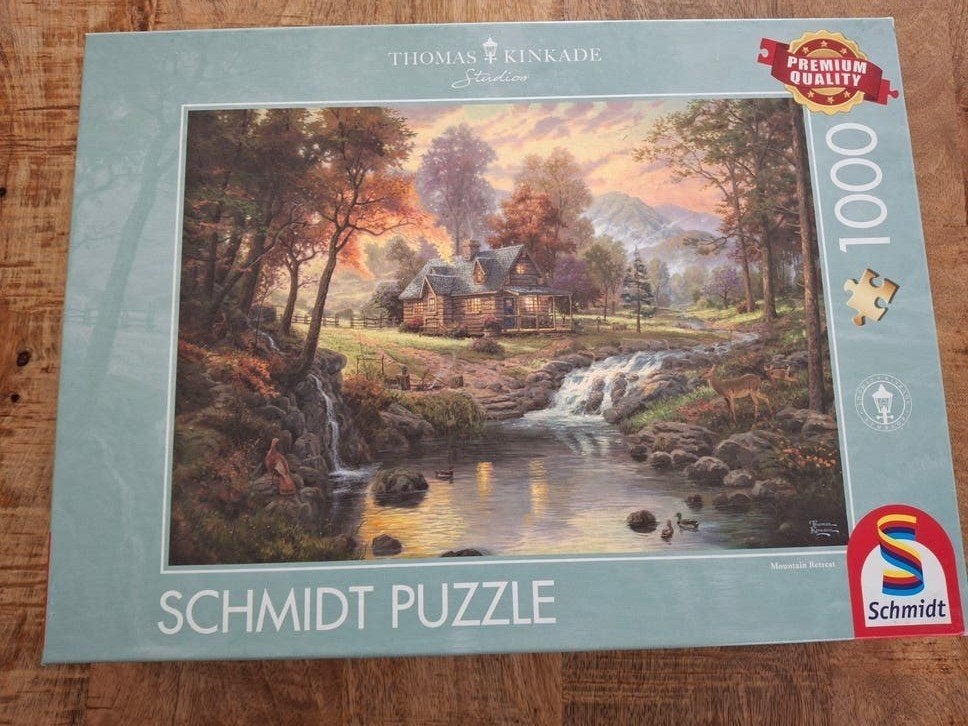 Schmidt legpuzzel Thomas Kinkade - Mountain Retreat 1000, Ophalen of Verzenden, 500 t/m 1500 stukjes, Gebruikt, Legpuzzel