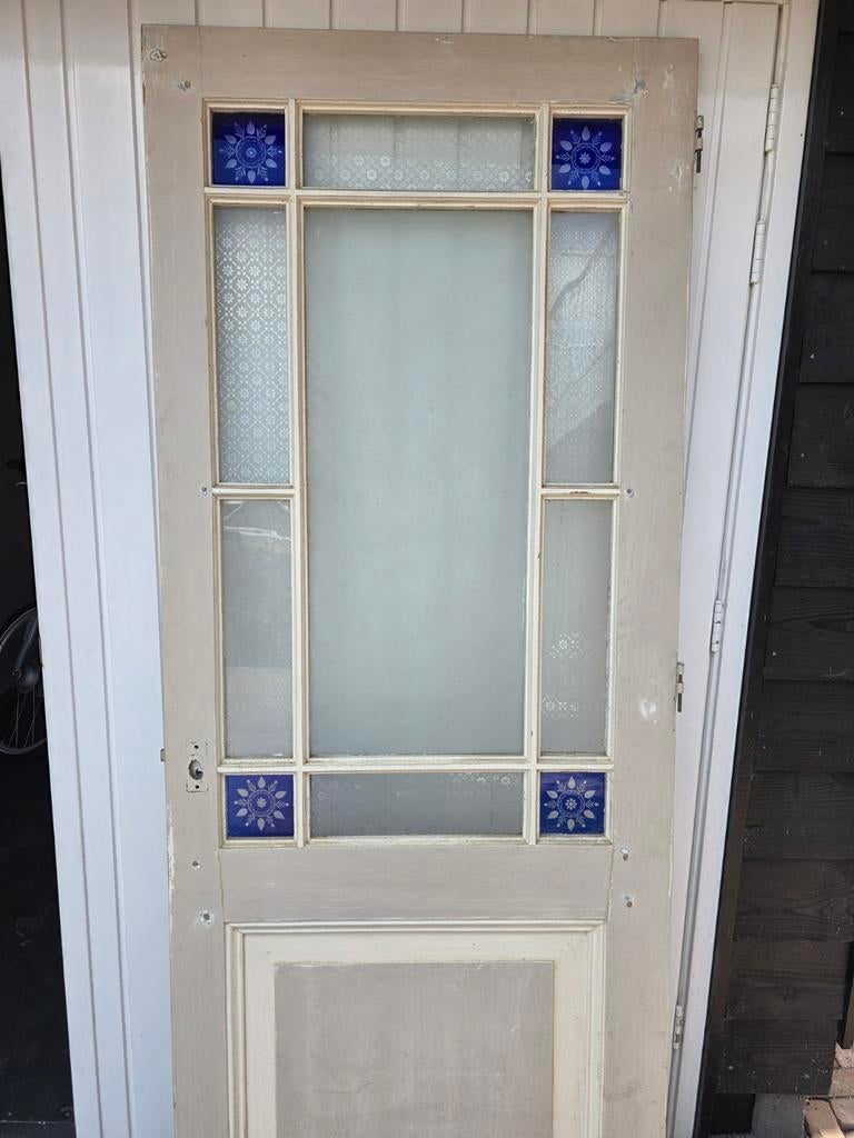 Vintage binnendeur met bewerkt en geëtst glas, Ophalen