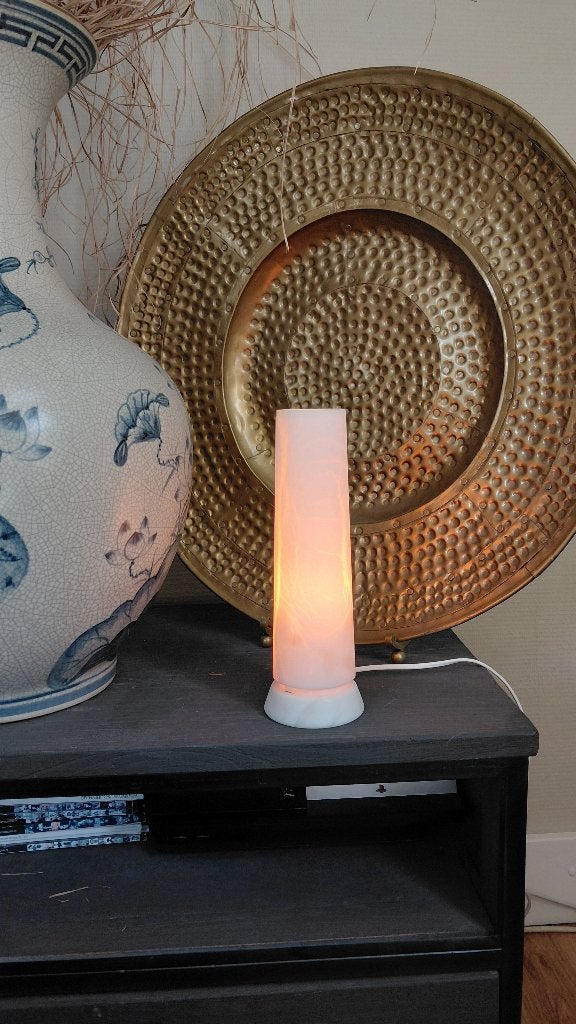 Tafellamp alabaster, Ophalen, 28 cm, E14 (klein), Met kap
