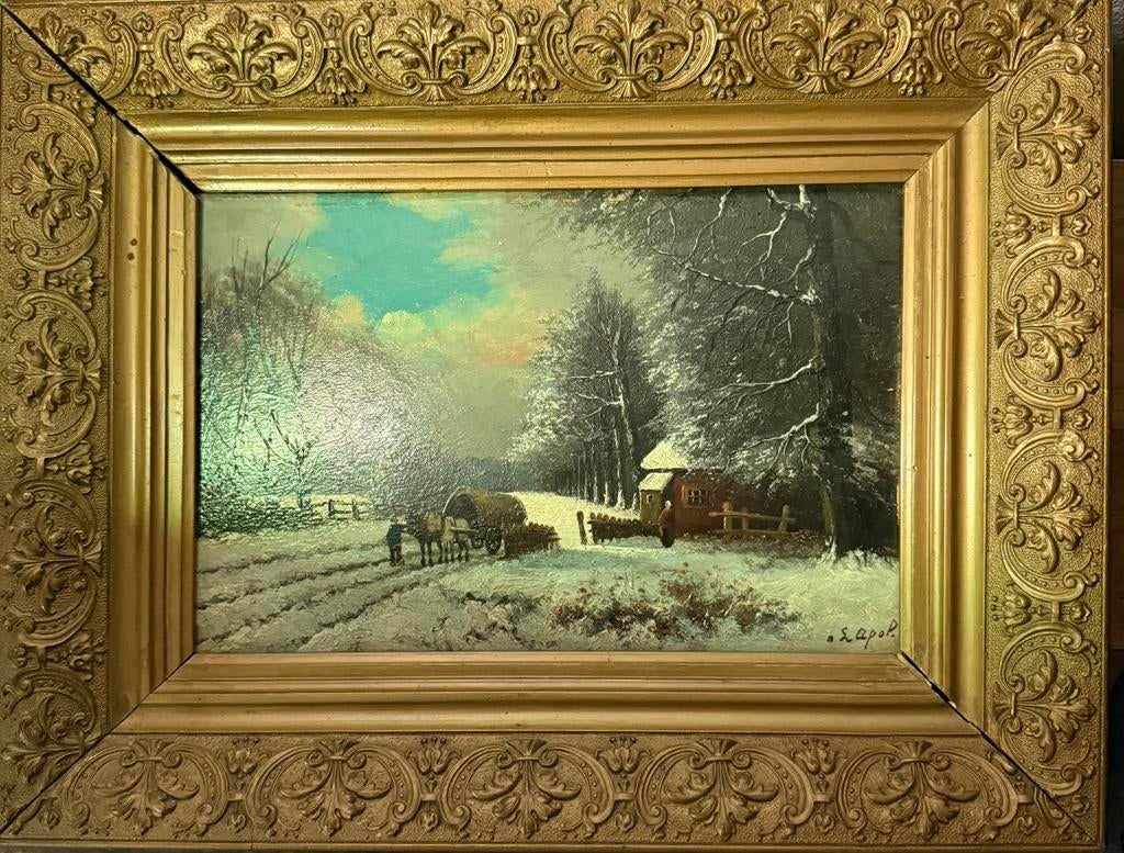 Sfeervol winters landschap schilderij, gesigneerd A. K. Apol, Antiek en Kunst, Kunst | Schilderijen | Klassiek, Ophalen of Verzenden