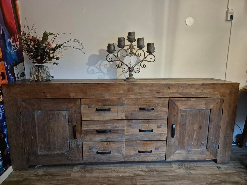 Prachtig Teakhouten Dressoir - 220 cm breed, Ophalen, Gebruikt, Teakhout, 200 cm of meer
