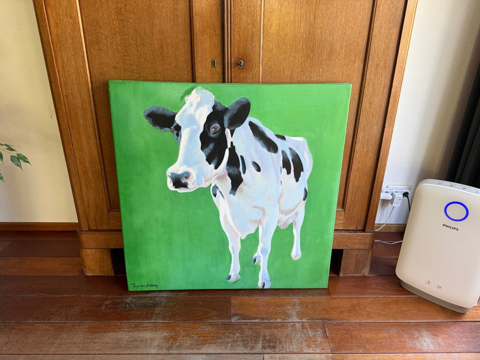 Schilderij van een koe op groen canvas, gesigneerd, Ophalen, Acrylverf, Dieren, Gesigneerd