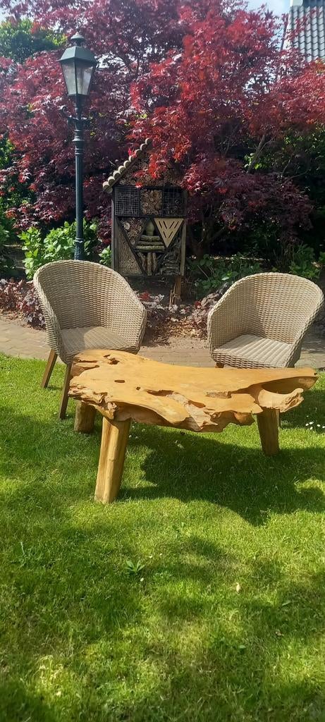 Natuurlijke  boomstamtafel ( hard hout), Tuin en Terras, Ophalen, Gebruikt, Hardhout, 5 zitplaatsen