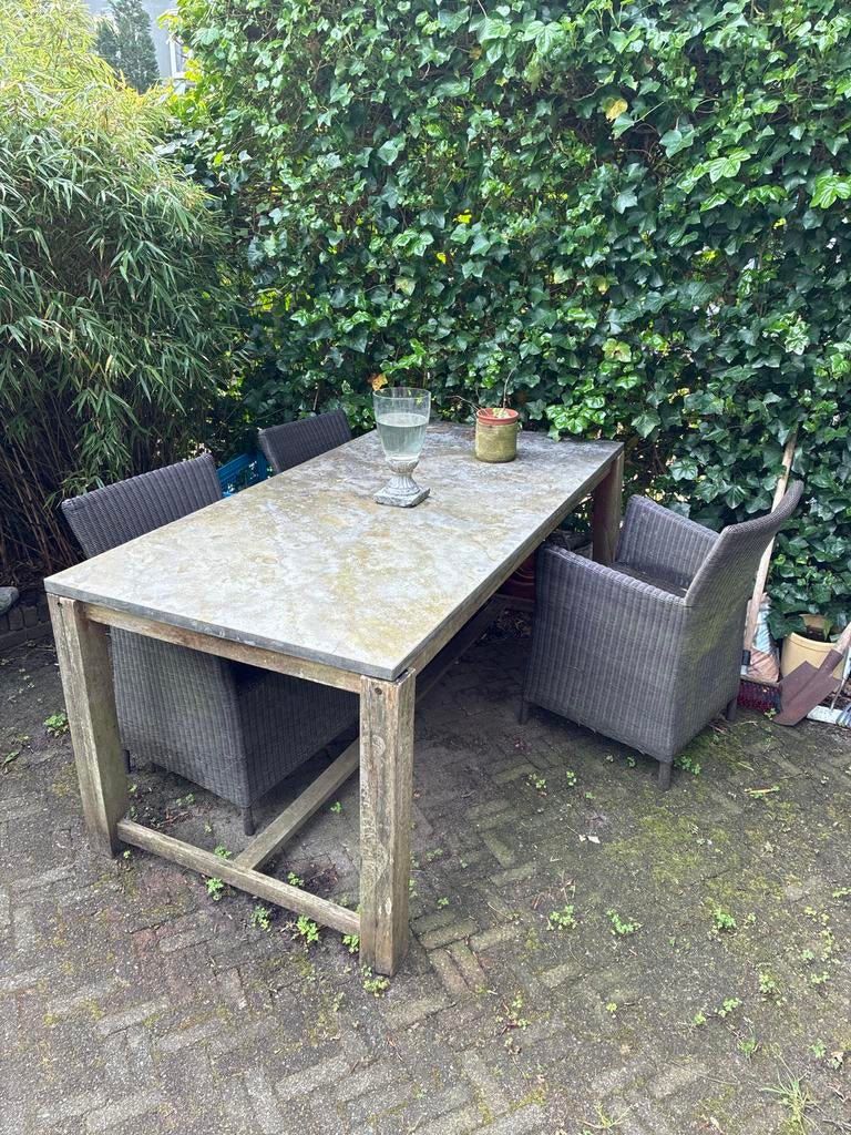 Robuuste tuintafel met stenen blad en houten onderstel, Ophalen, Gebruikt, Rechthoekig, Overige materialen