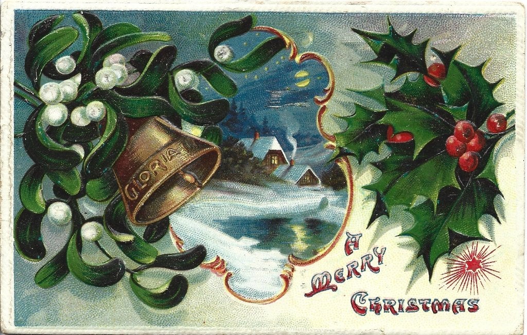 A Merry Christmas*Antiek uit 1910*Relief*Brocante*Misletoo, Verzamelen, Ophalen of Verzenden, Voor 1920, Gelopen, Feest(dag)