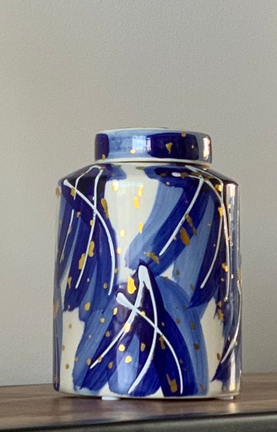 Keramische pot met deksel blauw/goud - Ø13x18cm, Verzenden, Rond, Aardewerk, Binnen