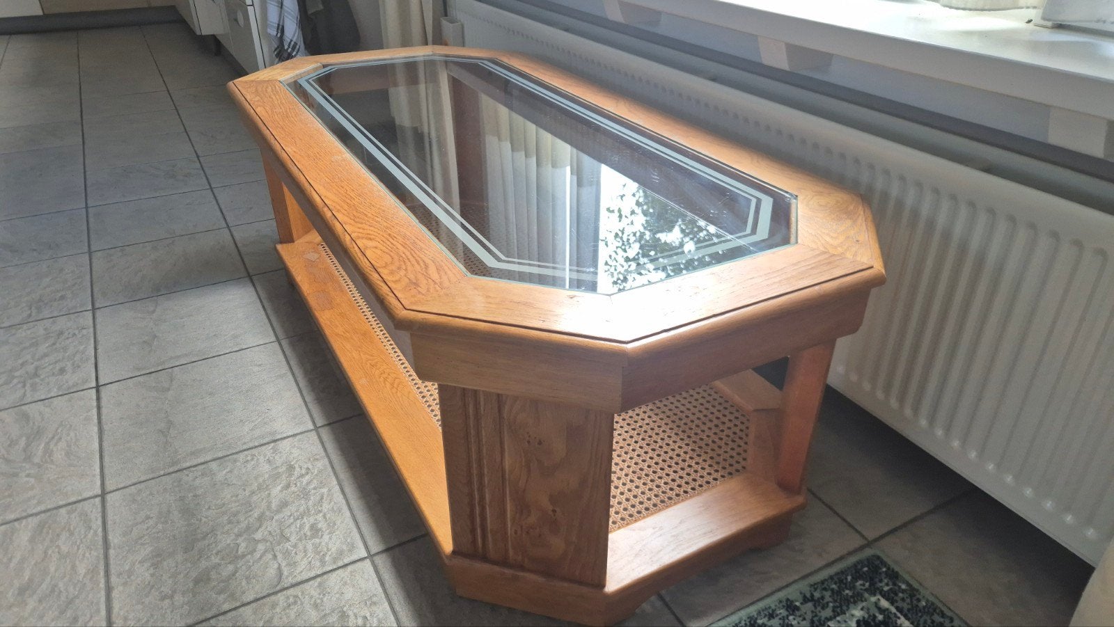 Vintage Rotan octagon salontafel met glas, Gebruikt, 100 tot 150 cm, Glas, Rotan