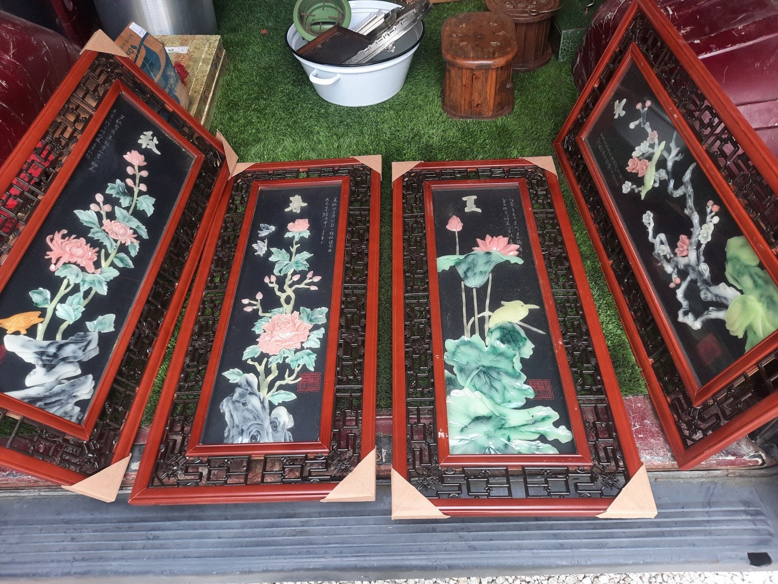 Set van 4 Chinese wandpanelen met steenreliëf, Hout, Wanddecoratie, Handgemaakt, Ophalen of Verzenden