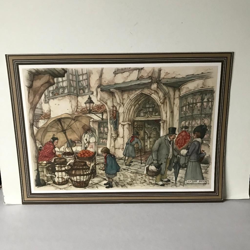 Anton Pieck prent Poulier, buiten tent met fruit en 4 ganzen, Ophalen of Verzenden, Zo goed als nieuw, Voor 1940, Prent