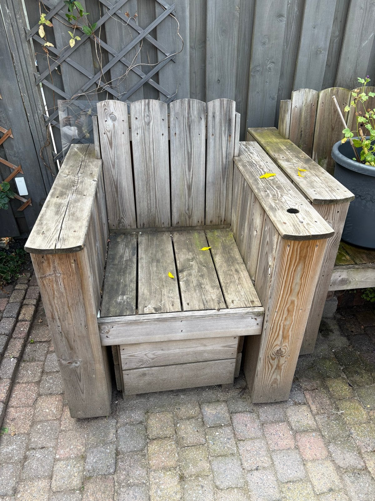 Houten tuinstoel met voetenbankje met stoel kussen, Tuin en Terras, Ophalen, Gebruikt, Hout