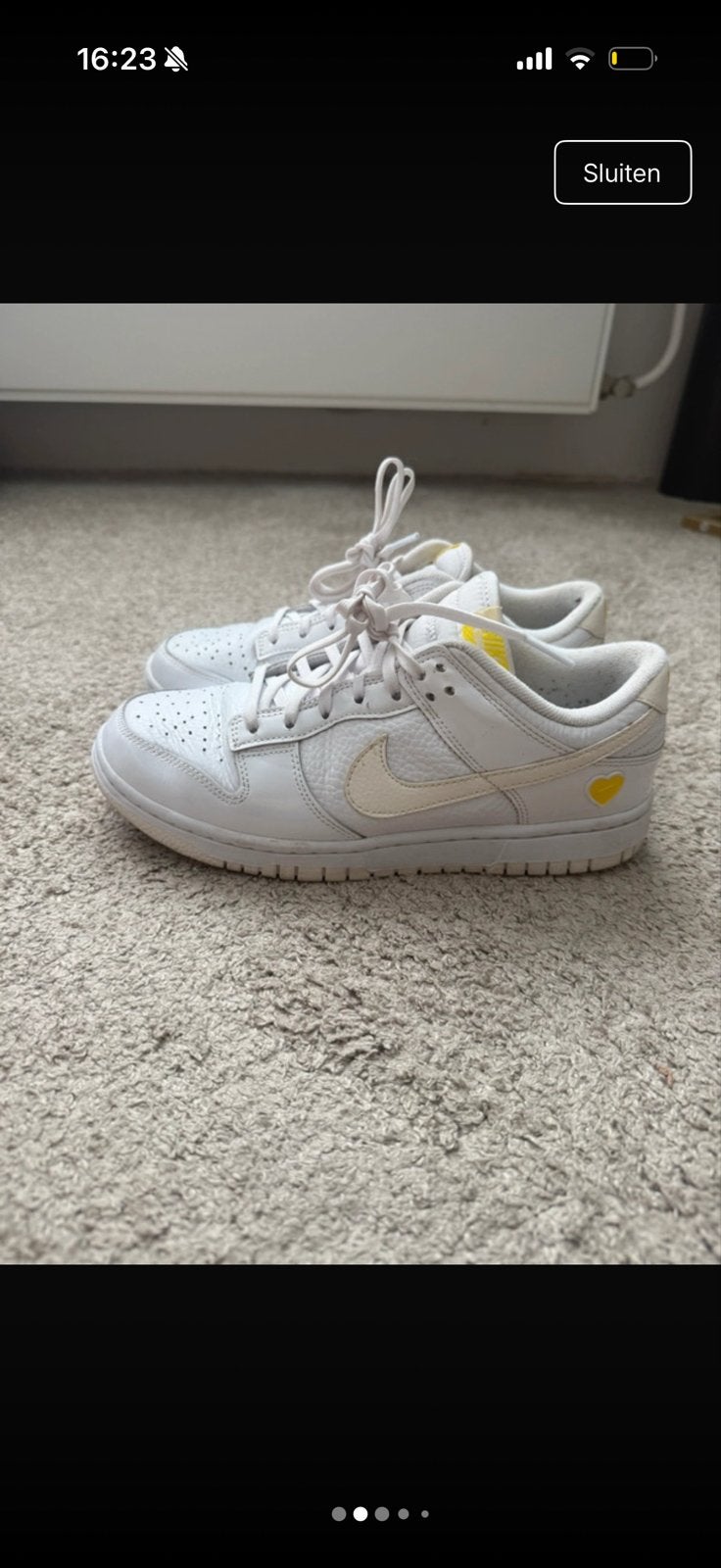 Nike Dunk Low Wit Geel Hartje - Maat 38, Ophalen of Verzenden, Zo goed als nieuw, Wit, Sneakers of Gympen