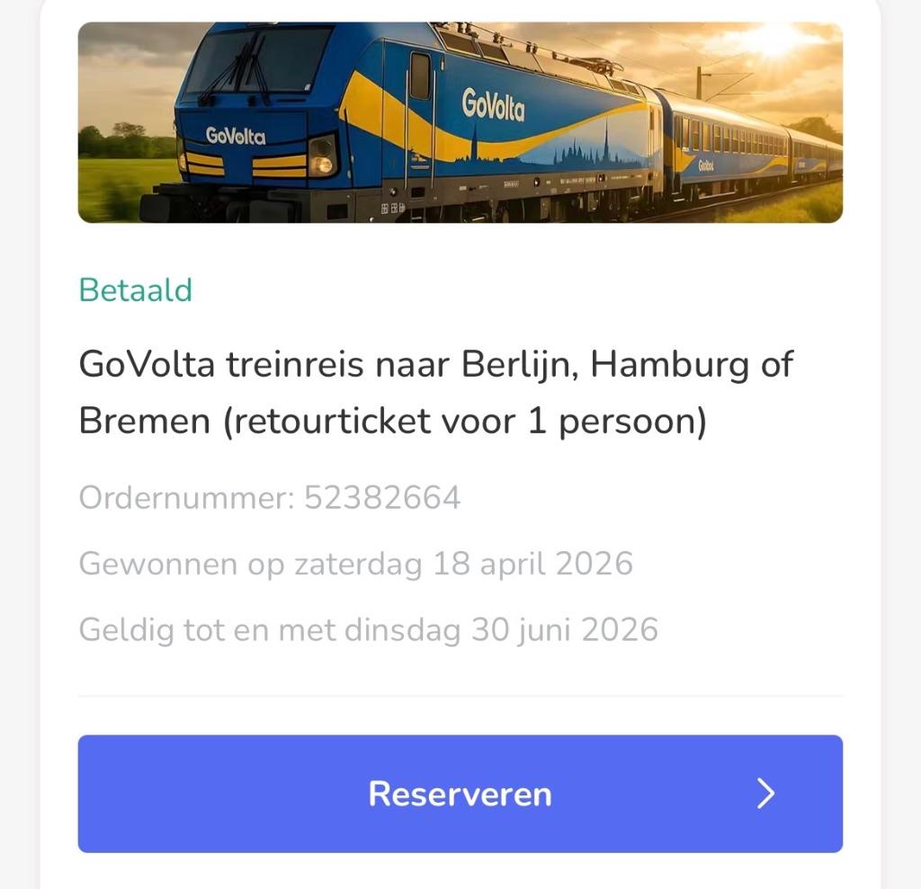 2 trein tickets GoVolta van Nederland naar Duitsland, Tickets en Kaartjes, Eén persoon, Trein, Buitenland, Kortingskaartje