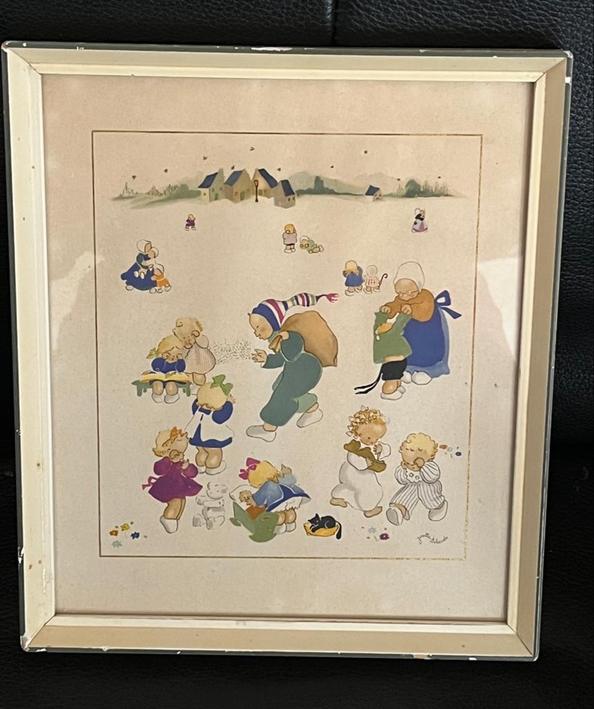 Vintage Josette Boland prent - kinderbedtijd Klaas Vaak, Gebruikt, Ophalen of Verzenden, 1940 tot 1960, Prent