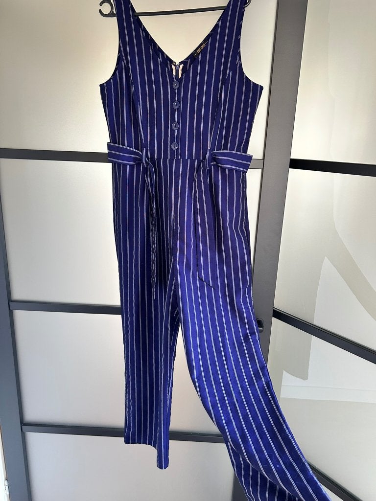 King Louie maat 40 Fiona krijtstreep jumpsuit broekpak 3082, Maat 38/40 (M), Blauw, Ophalen of Verzenden, Zo goed als nieuw