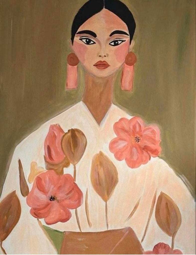 Schilderij Vrouw met Bloemen - Boho Stijl, Ophalen of Verzenden