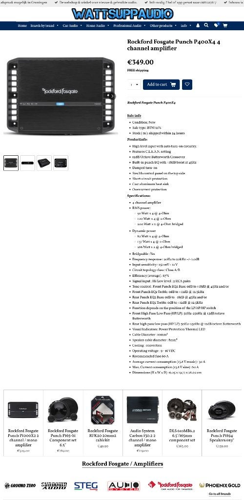 Rockford Fosgate Punch P400X4 4 kanaals versterker, Audio Design, Nieuw, Am Breilingsweg 3, 76709 Kronau, Duitsland, Ophalen of Verzenden