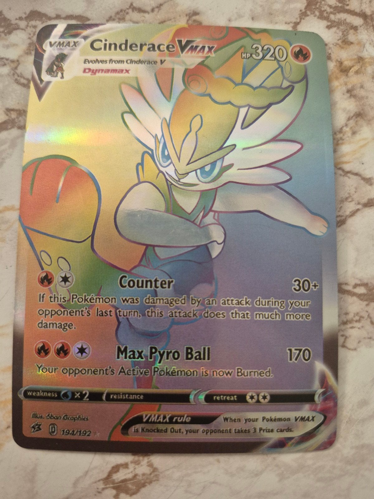 Cinderace VMAX Pokémon Kaart (Rainbow Rare 194/192), Ophalen of Verzenden, Zo goed als nieuw, Losse kaart, Foil
