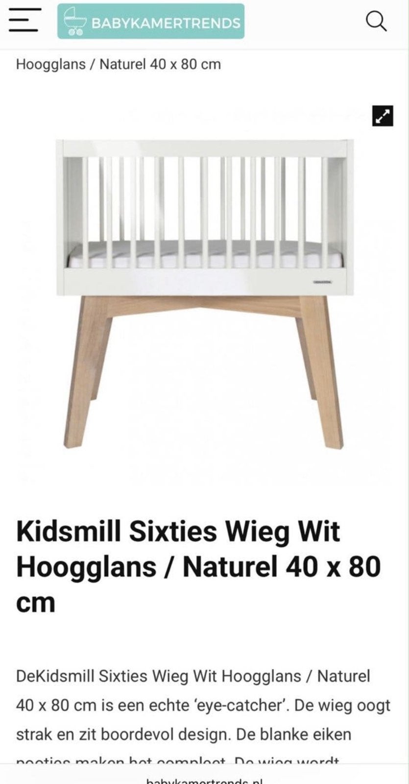 Kidsmill Sixties Wieg Wit Hoogglans / Naturel 40 x 80 cm, Ophalen, Gebruikt, Wieg