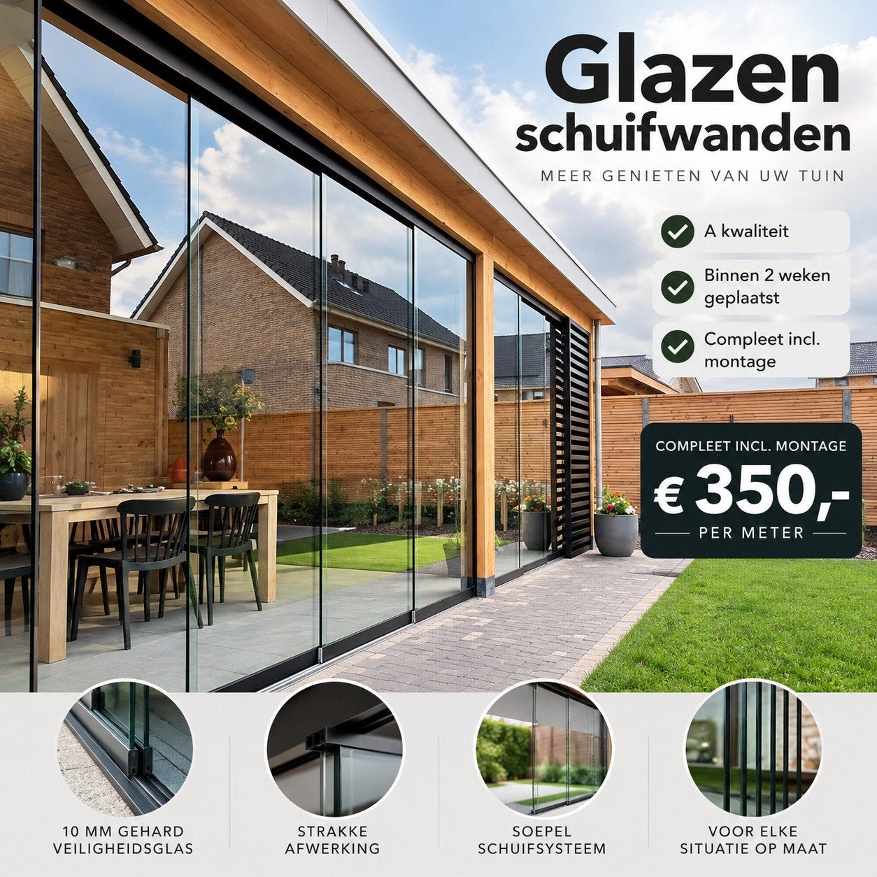 Glazen Schuifwanden incl volledige montage, Nieuw, Ophalen of Verzenden, Schuifdeur, 120 cm of meer