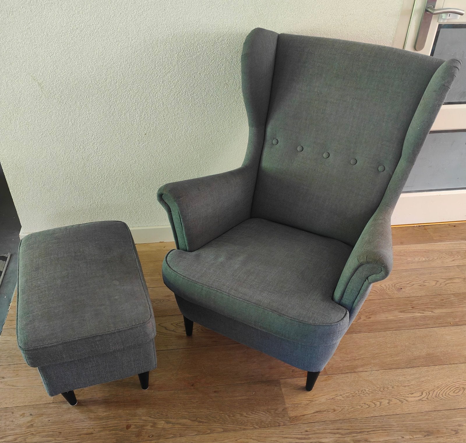 Ikea Strandmon fauteuil met voetstoel en 2 wasbaar hoes, Huis en Inrichting, Fauteuils, Gebruikt, Stof, 50 tot 75 cm, 75 tot 100 cm