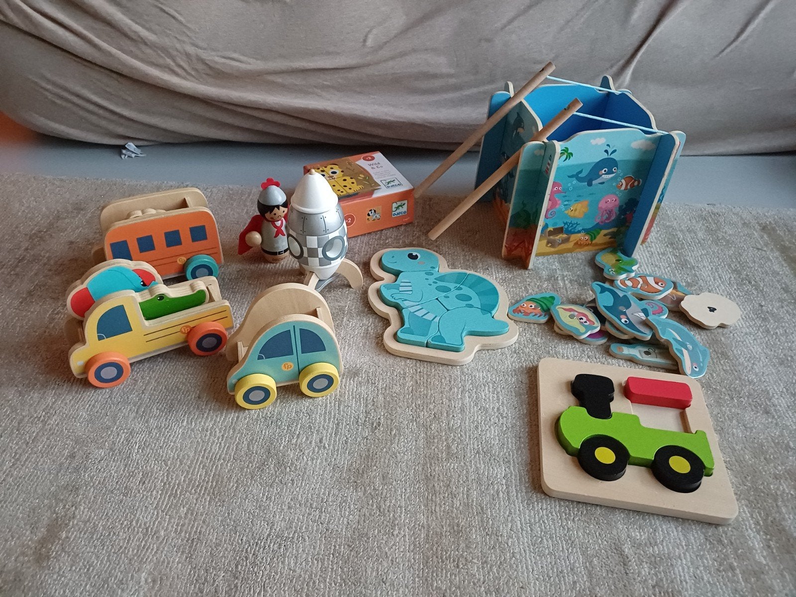 Houten speelgoed set: visspel, puzzels en autootjes, Kinderen en Baby's, Ophalen of Verzenden, Zo goed als nieuw, Overige typen