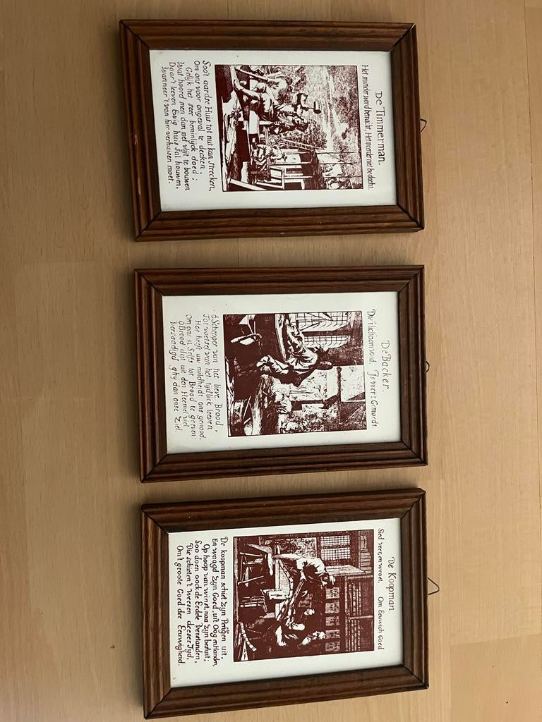 Drie ingelijste prenten met beroepen en gedichten, Ophalen of Verzenden, Gebruikt, Print