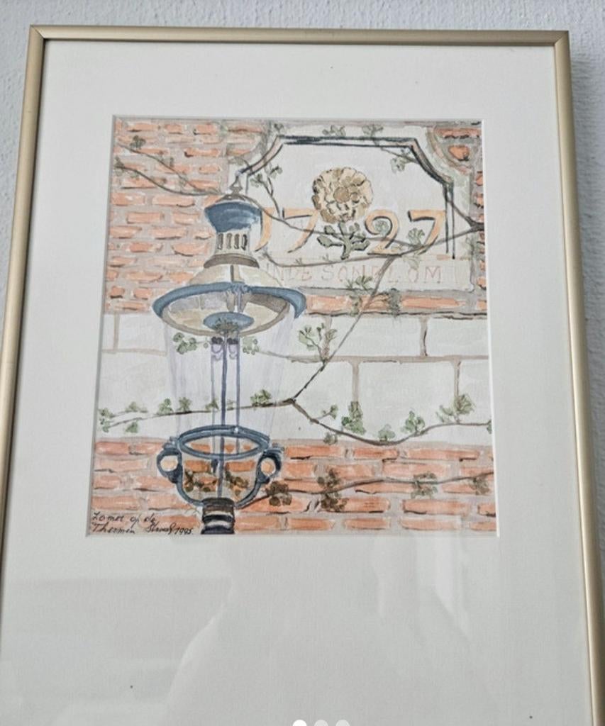 Ingelijste aquarel van straatlantaarn en gevel, Antiek en Kunst, Ophalen of Verzenden