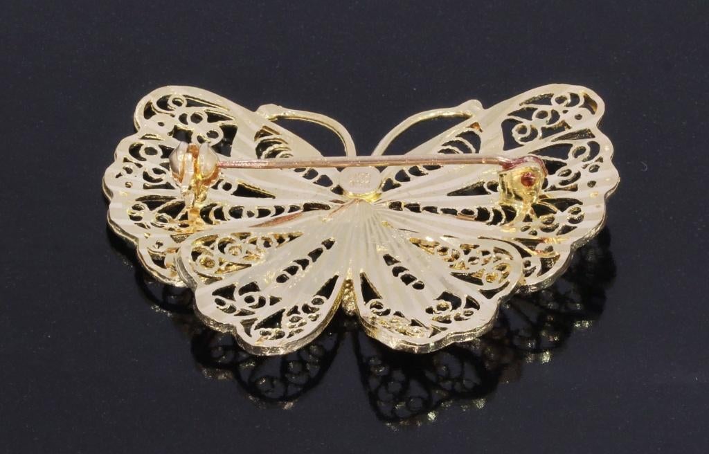 Vlinder broche 14k goud fraai filigrain lijfje handgemaakt, Verzenden, Goud, Broche, Met edelsteen