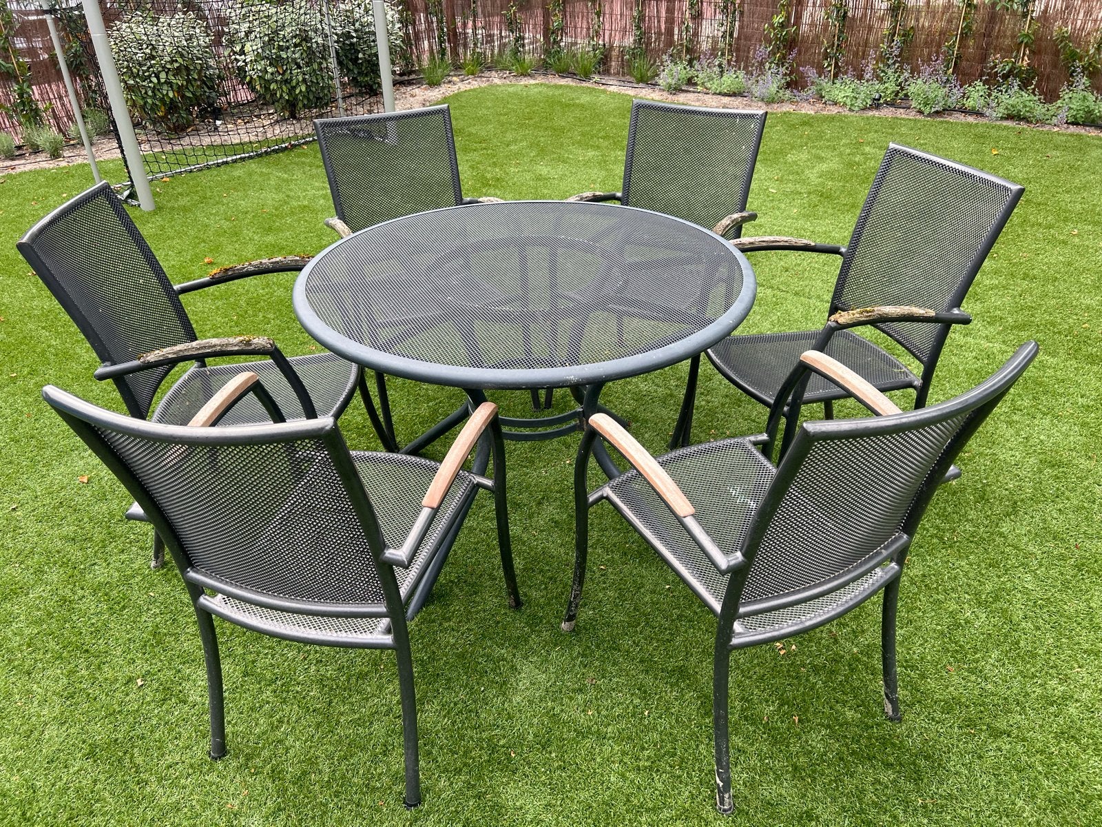 Metalen tuinset met 6 stoelen en ronde tafel, Tuin en Terras, Ophalen, Overige materialen, Gebruikt, Eettafel