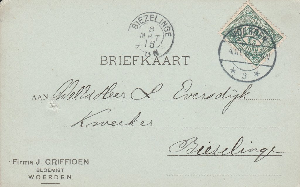 WOEDEN 1916 Fa J. GRIFFIOEN Bloemist, Verzamelen, Ophalen of Verzenden, Voor 1920, Gelopen, Utrecht