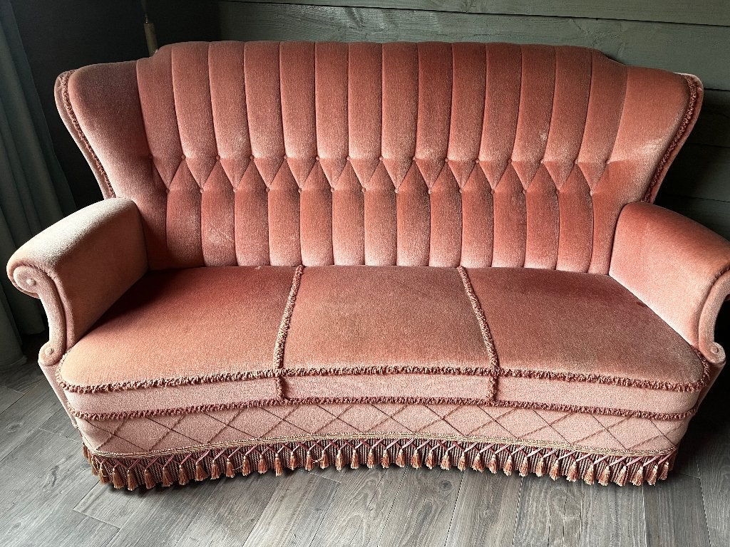 Vintage bank en fauteuil set - roze/zalmkleurig met franjes, Ophalen, Gebruikt, 150 tot 200 cm, Vintage