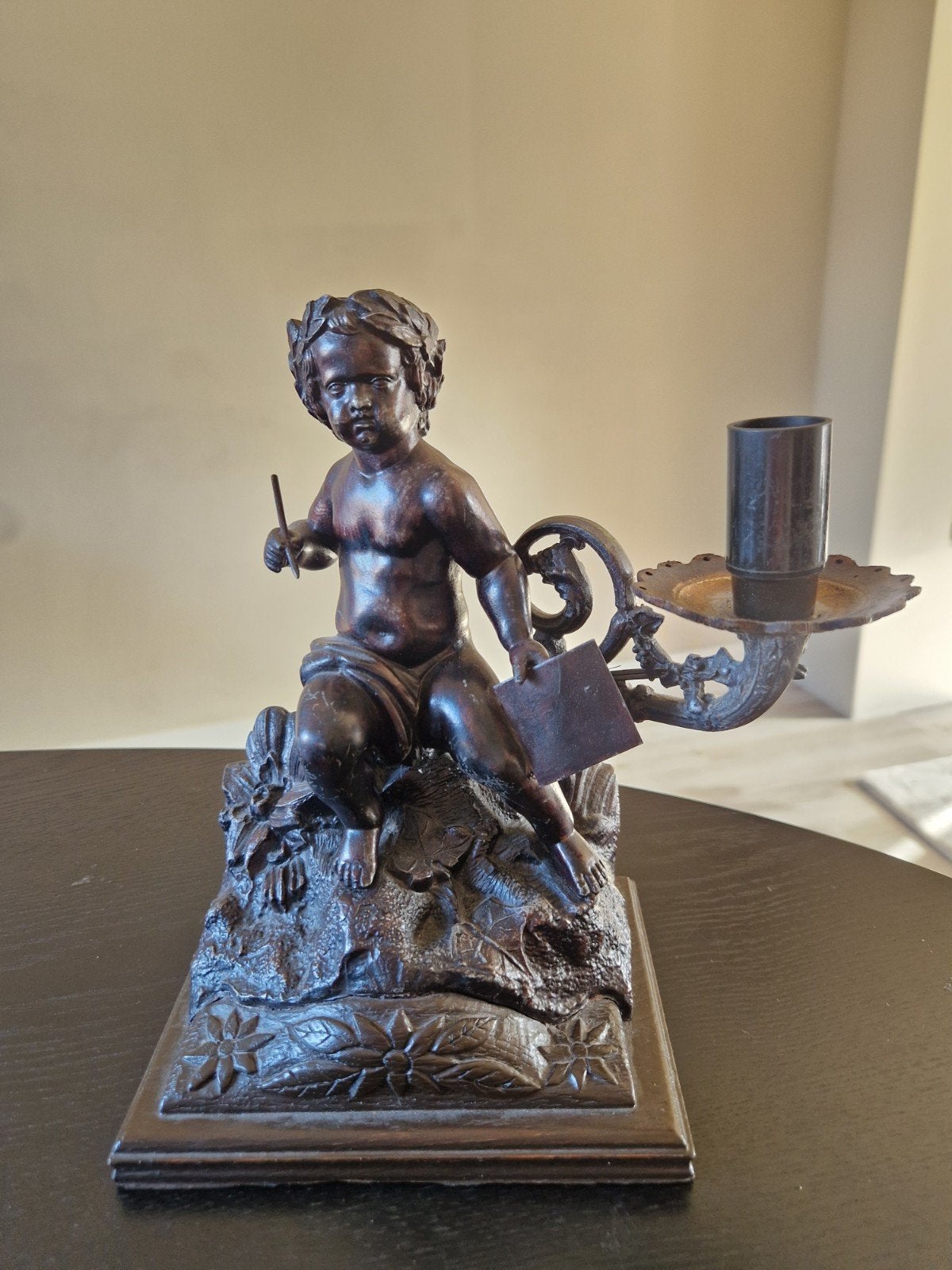 Antieke bronzen cherubijn lamp - Uniek decoratiestuk, Ophalen of Verzenden