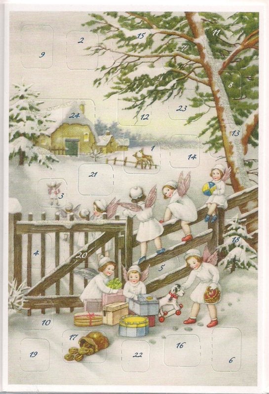 Adventskalender Kaart: Engelen spelen met geschenken - 12400, Ophalen of Verzenden, Nieuw