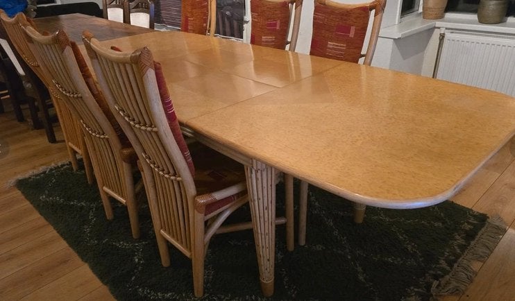 Vintage eetkamer set - Flechtatelier Schütz rotan/riet-stijl, Ophalen, Zo goed als nieuw, Rotan, vintage, 6 tot 8 stoelen