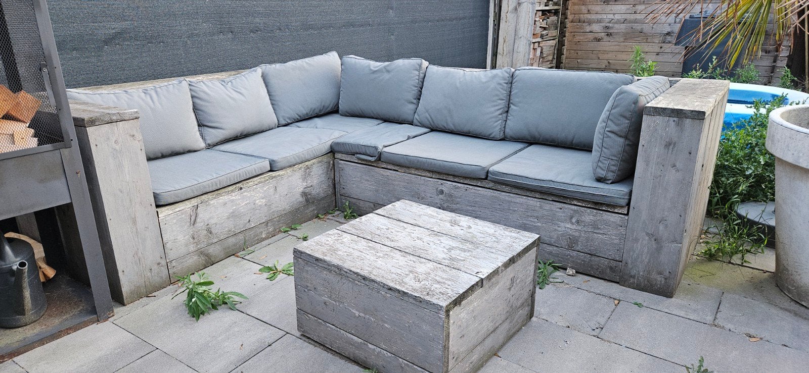 Gratis af te halen: Houten loungebank met kussens, Tuin en Terras, Ophalen, Gebruikt, Loungeset, Bank