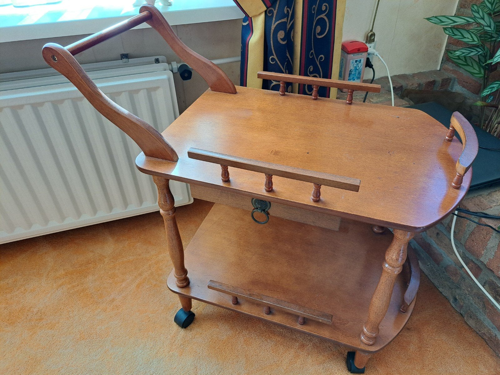 Houten serveerwagen theewagen drankenkar met lade en wieltje, Ophalen
