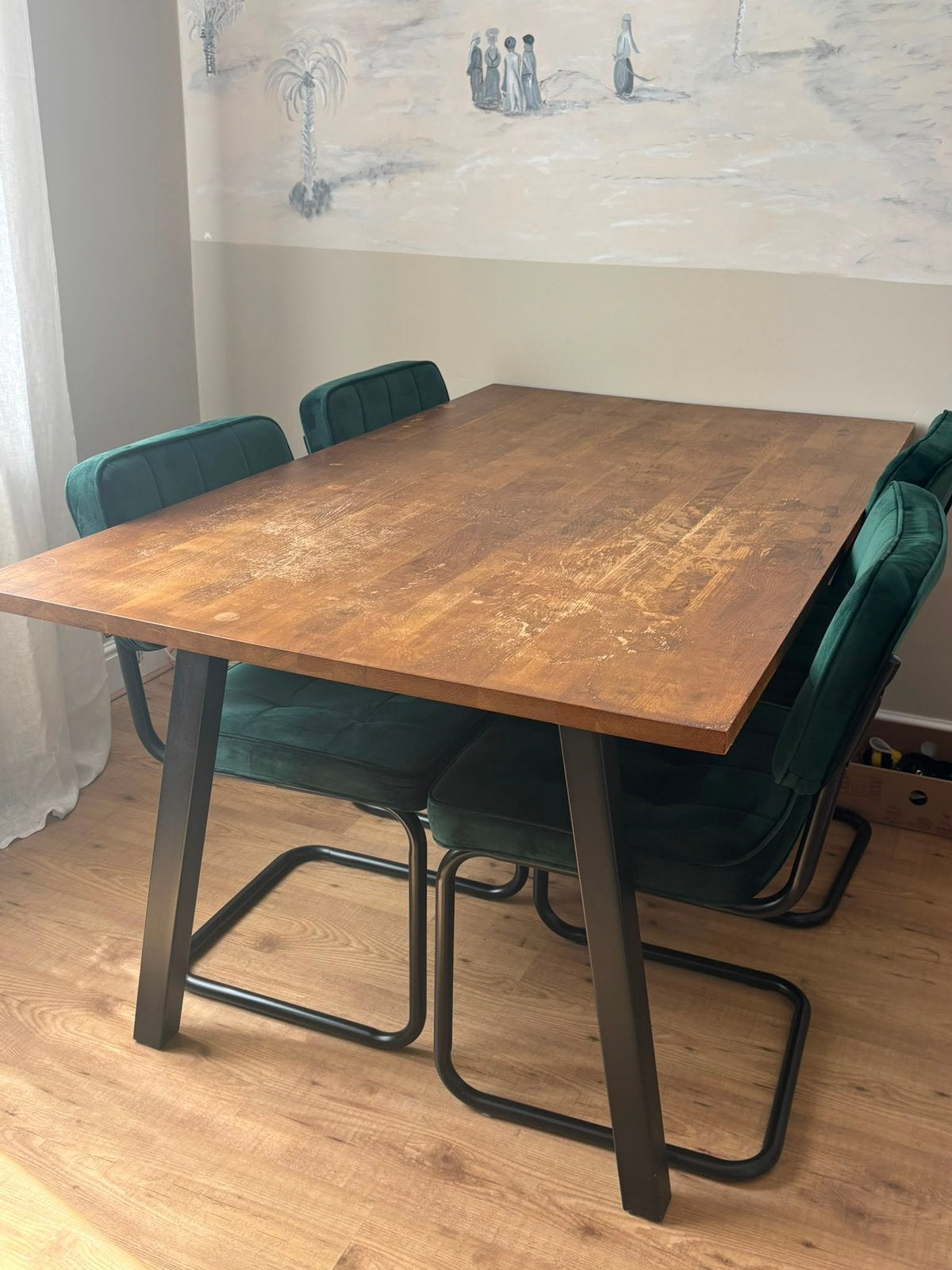 Industriële Eettafel (160 x 90) - Houten Blad & Stalen Poten, Ophalen, 50 tot 100 cm, Zo goed als nieuw, Vier personen