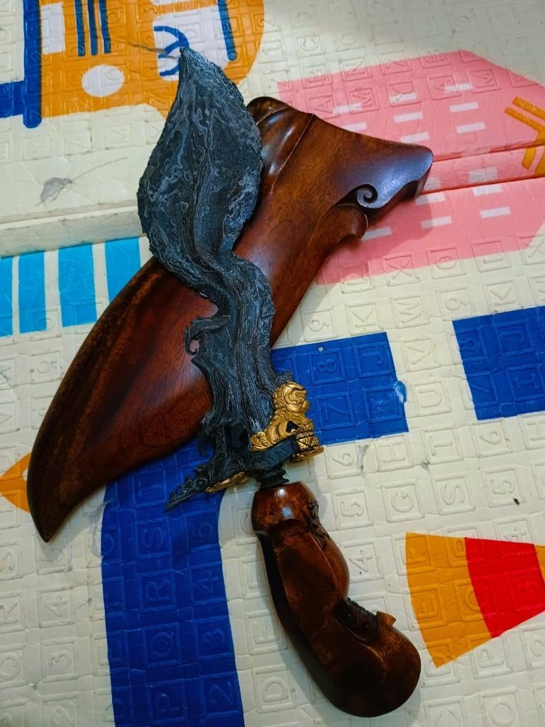 Antieke Keris Jangkung Singo Barong 3 Luk Kinatah Goud SVG50, Verzenden