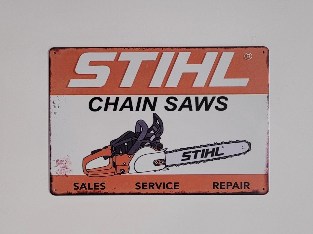 Stihl Kettingzaag logo reclamebord van metaal wandbord deco, Reclamebord, Info@deconoord.nl, Deco Noord, Nieuw